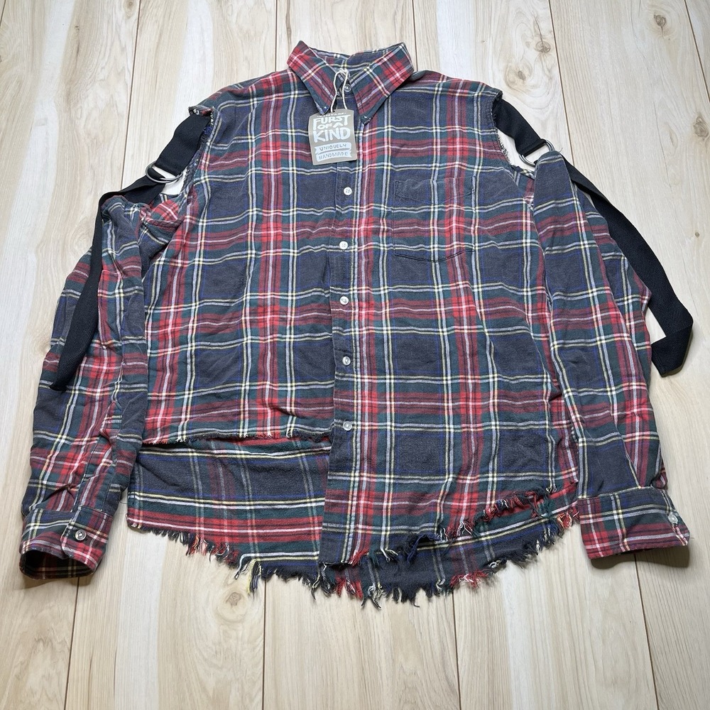 Furst of a Kind Vintage NEW Handmade Plaid Flannel Shirt Shoulder Straps Mens L